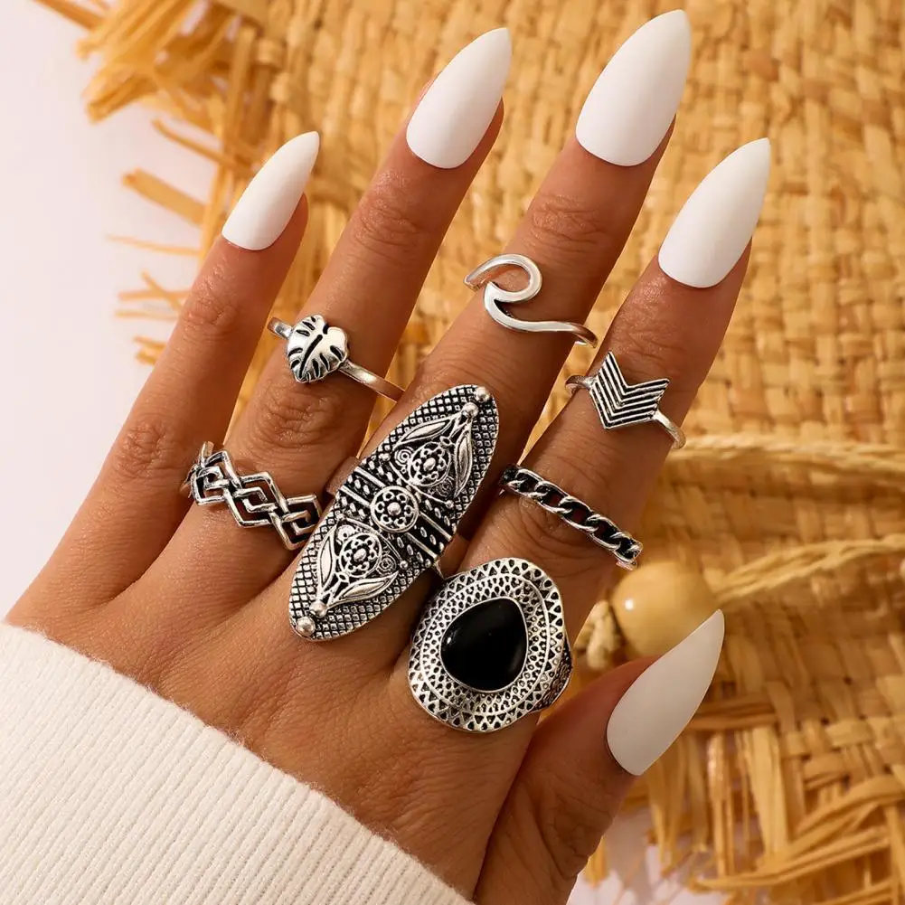 

7Pcs Bohemian Women Rings Anti Tarnish Geometric Faux Gem Finger Rings Set Jewelry for Party