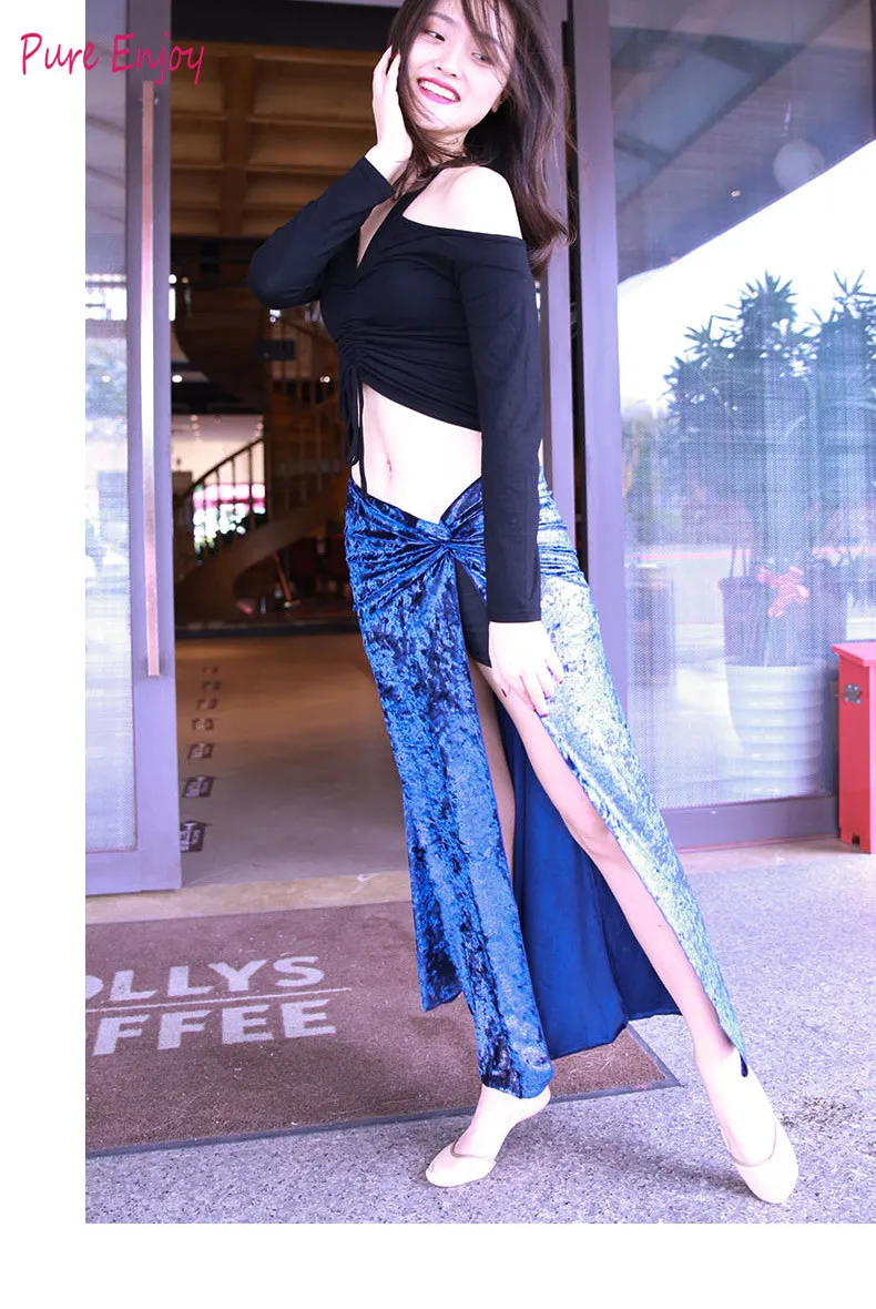 

New autumn and winter dance practice clothes long-sleeved long hip scarf skirt high-grade velvet belly dance performance clothes