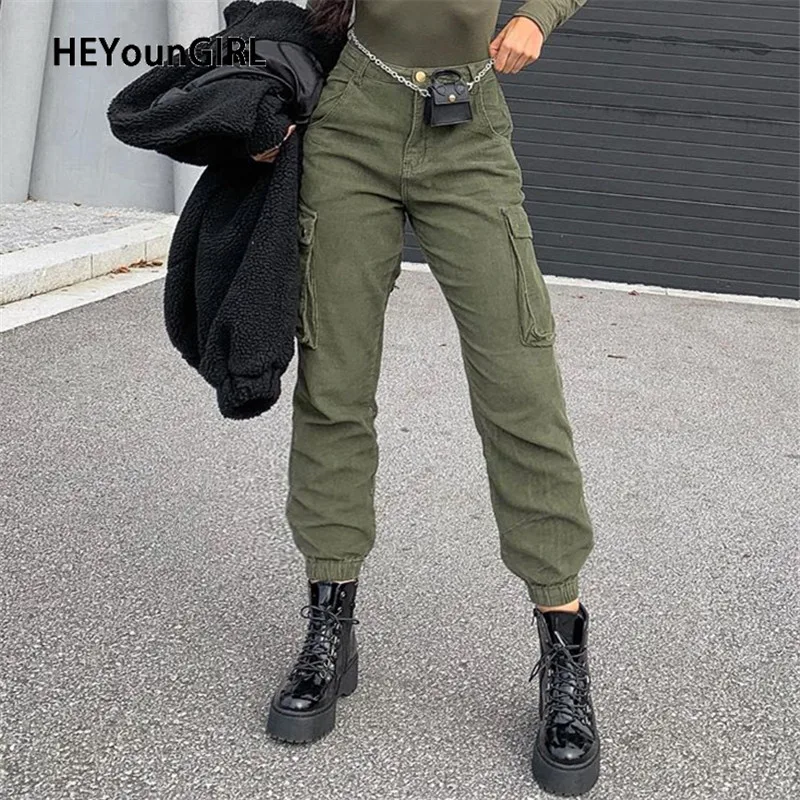 HEYounGIRL/зеленые осенние вельветовые брюки для женщин с карманами; повседневные женские брюки с высокой талией; штаны-шаровары на молнии; капри; уличная одежда;