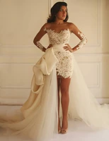short sheath vestido de noiva 2018 long sleeves lace appliques detachable train back zipper bridal gown bridesmaid dresses