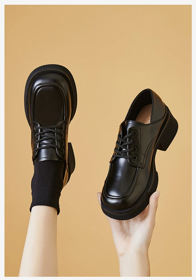 

Small leather shoes, women's platform shoes, 2021 autumn and winter new style British style lace-up women's student square toe