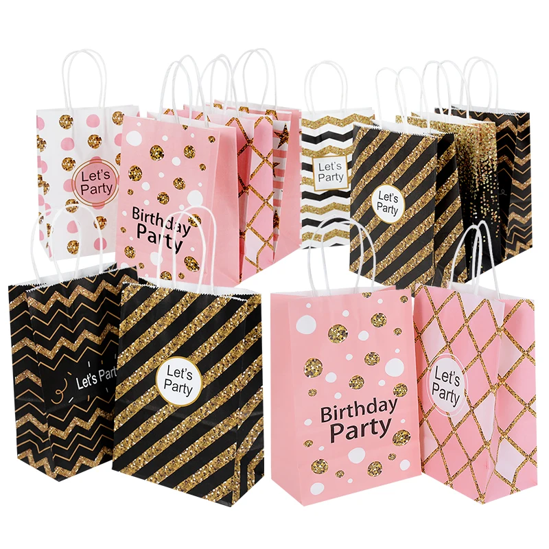 

5/10Pcs Pink Black Let's Birthday Party Gifts Packing Paper Bag Cookie Candy Bags Decor Kid Birthday Baby Shower Gift Supplies