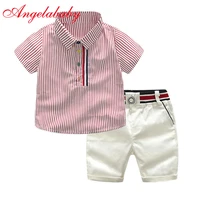 childrens gentleman summer clothes striped short sleeve tops white shorts 2 pcs clothing sets for kids baby boys party suits