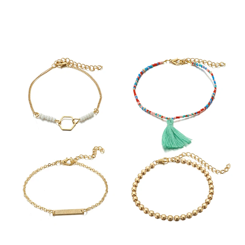 gold Docona, летний, красочный, украшенный бусинами, кисточкой, амулеты, ножной браслет, набор для женщин, Геометрические цепи, многослойный ножной браслет, вечерние, подарок 8218 - Окраска металла: gold
