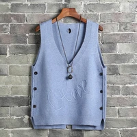 sleeveless sweater women deep v neck knitted vest appliques side buttons knitwear school uniform knitted tops female pullovers