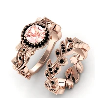 fashion women flower leaf inlaid powder zircon ring creative rose gold flower leaves design bridal engagement wedding ring set