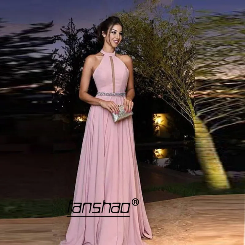 

Pink Evening Dress Halter Simple Satin Belt Beaded Robe De Soiree Dubai Saudi Arabic Evening Gown Prom Dress vestidos