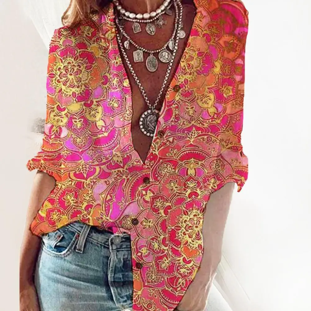 

Women Shirt Floral Print Half Sleeve Summer Turndown Collar Loose Blouse for Office