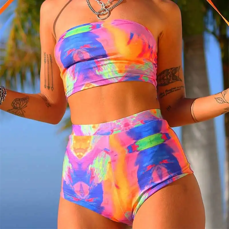 Бикини Tie Dye топ труба 2020 женский купальник боксеры с высокой талией летний
