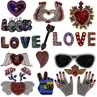 handicraft love heart hand arrow look rhinestone sequin bead flower applique t shirt patches for clothing shoes bag diy sewing