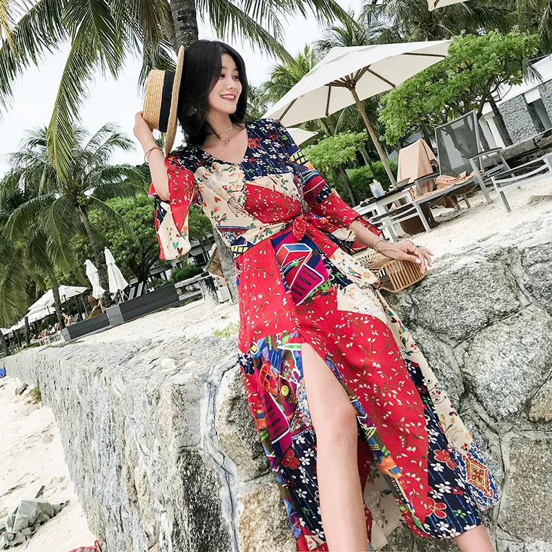 Женское летнее длинное платье тонкое с V-образным вырезом шифоновая пляжная юбка