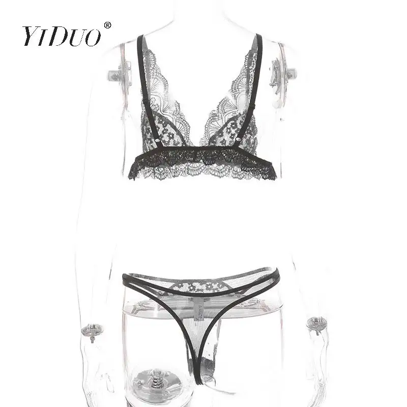 

YiDuo Black Pink Ruffles Flower Lace Lingerie Transparent Bra Underwear 2 Piece Set Club Bra And Panty Set Female Sexy String