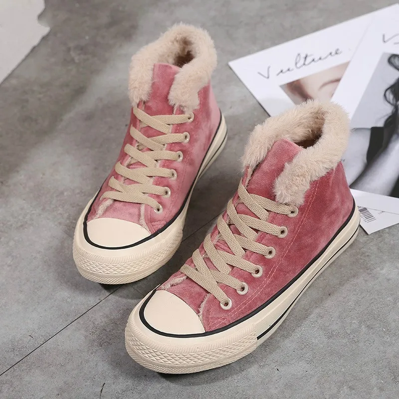 

Winter Shoes Women Fashion Platform Sneakers Trending Female Solid Color Short Plush Black Pink High Top Winter Sneakers