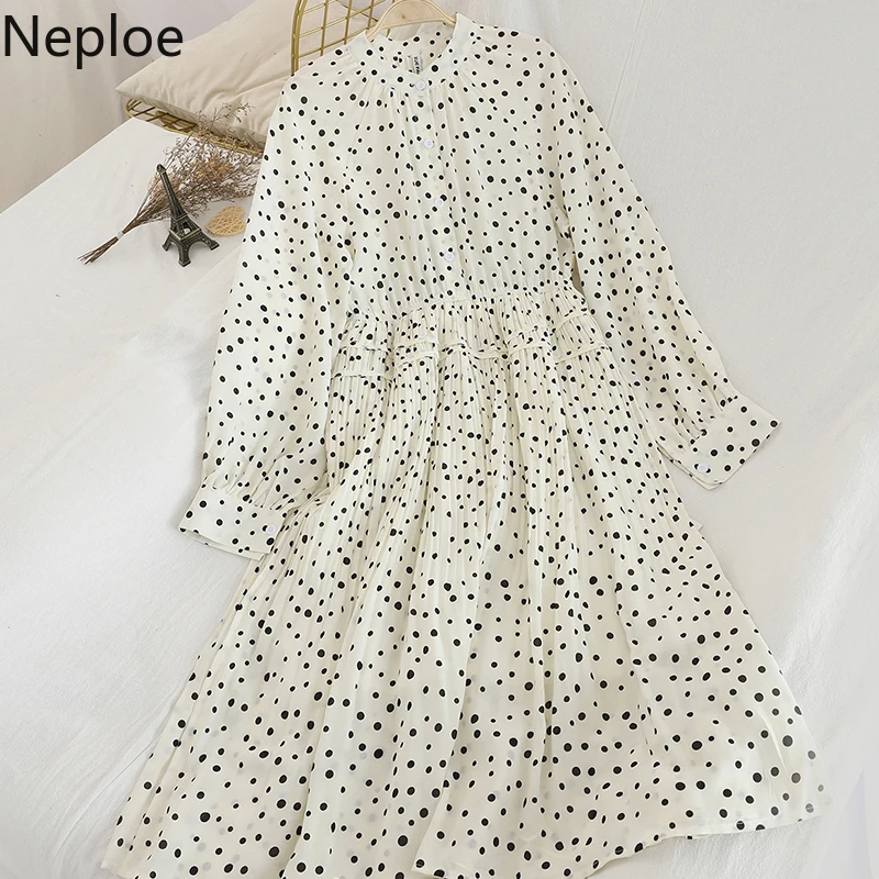 Neploe 2020 платье в горошек женское корейское с круглым вырезом и длинным рукавом