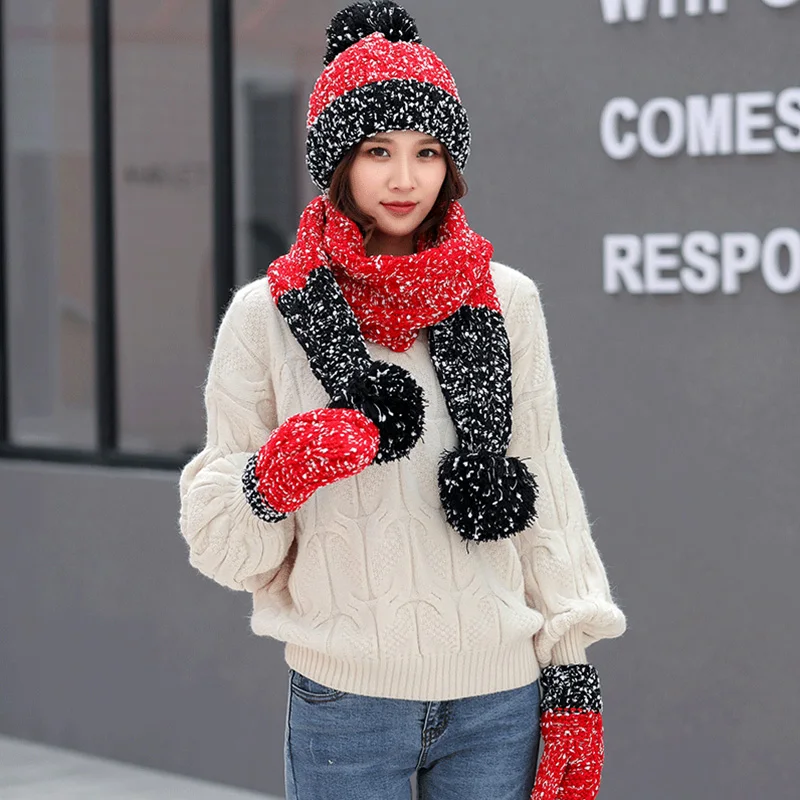 

Three-piece Hats Scarf Gloves Set For Women's Hat Autumn Winter Warm Mitten Pompom Knitted Hat Gilr Knit Scarf Gift Fashion Sets