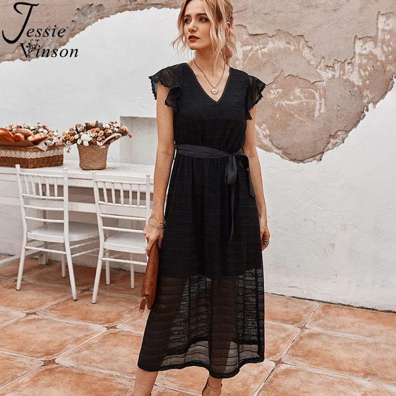 

Jessie Vinson Elegant Belted Long Dress Women Lace Black Dress V-neck Short Sleeve White Dresses Summer Dress Robe Femme 2020