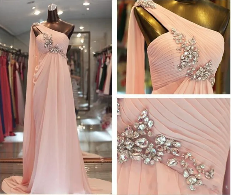 

robe de soriee Sexy Hot Pink/Red One Shoulder Ruffle Chiffon Long Evening Dresses 2020 Crystal Beads Prom Formal Dress Fashion