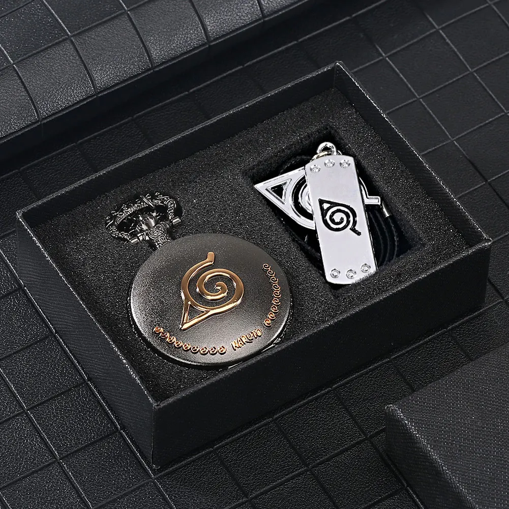 Anime Pocket Clock Cartoon Mens Retro Bronze Quartz Pocket Watch White Roman Numeral Dial Kids Fashion Leather Pendant Gift Set