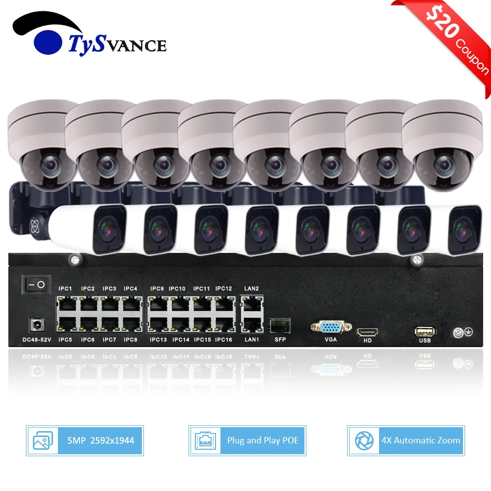 Система видеонаблюдения TySvance 16 каналов 5 МП POE PTZ IP камеры H.265 2 8 12 мм 4X оптический