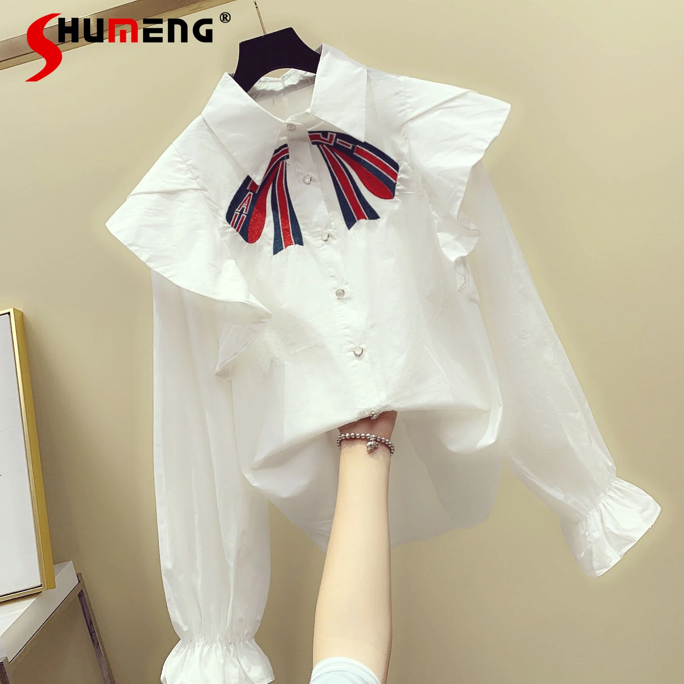 

Элегантная хлопковая рубашка с оборками и вышивкой и бантом для женщин, весна 2021, рубашка-поло в дворцовом стиле, топы с длинным рукавом для ...