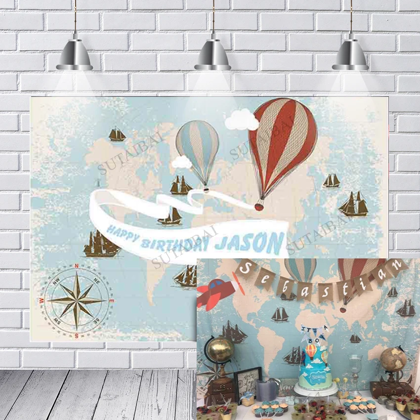 

Hot Air Balloon Ribbon World Map Birthday Sailboat Compass Vintage Backdrop Baby Shower Photo Background Photography Props