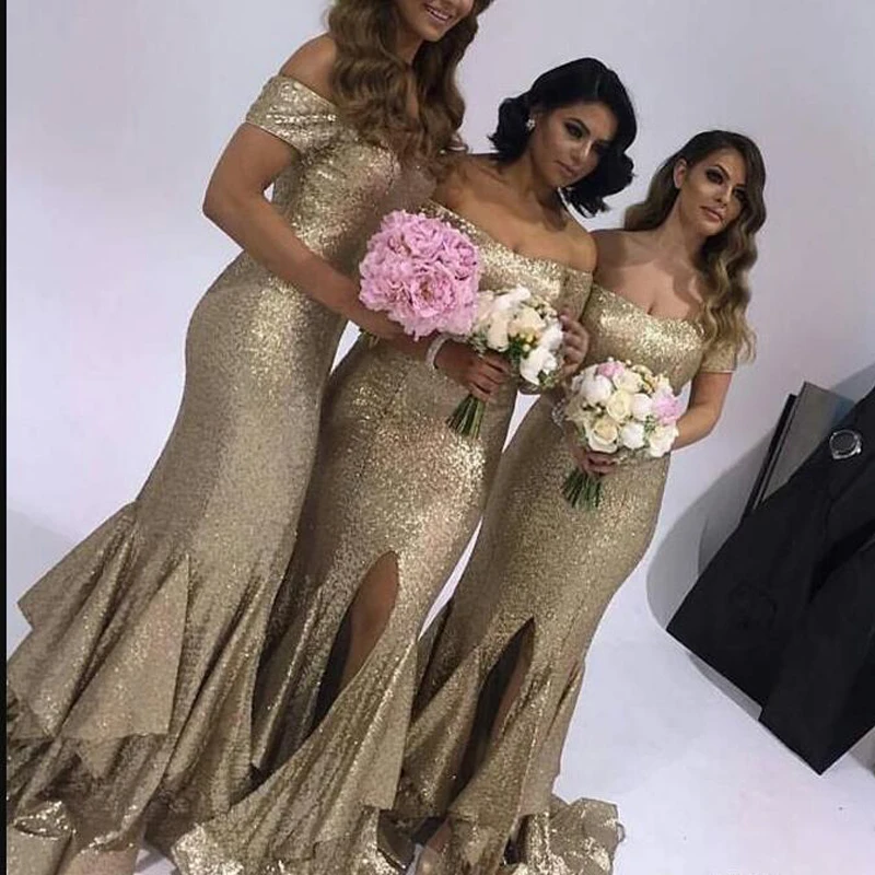 

2020 Sexy Gold Sequins Bridesmaid Dresses Off Shoulder with Capped Sleeves Back Long Slit Maid of Honor Bridesmaids Dress