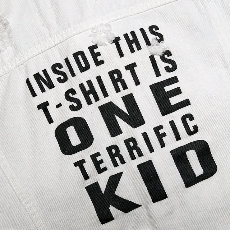 

Design New Spring Letter Printed Mens Sleeveless Denim Vests Fashion Single Breasted Hole Ripped Slim Male Waistcoats Plus Size