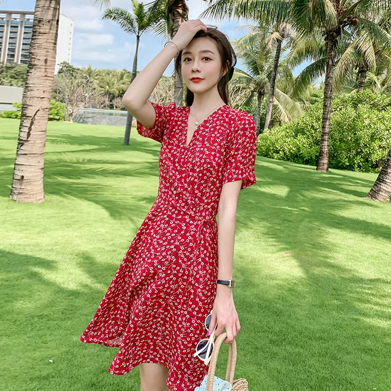 

Mini Floral Print Red Chiffon Dress Summer Women Cute Party Night Dress Short Bohemian Tropical Vacation Beach Dress Runway 2020
