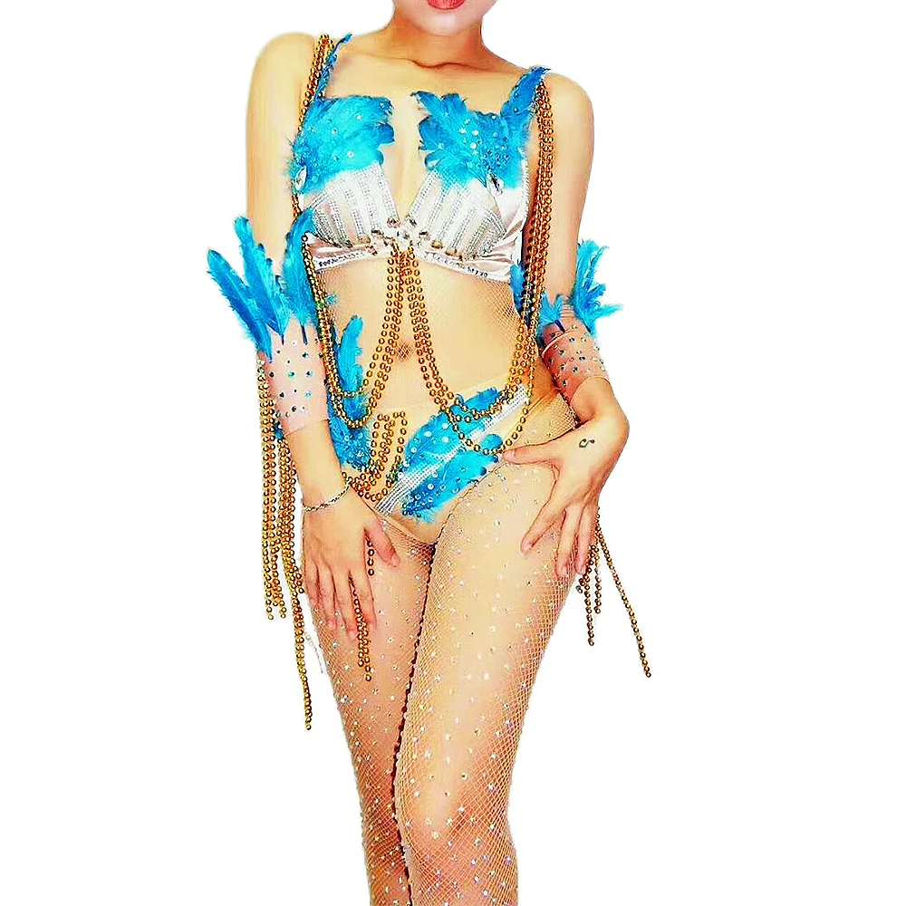 

Blue Feathers Rhinestones Bikini Sets Embellished Beaded Costume Personality Performance Costume Ladies Nightclub Dance Wear