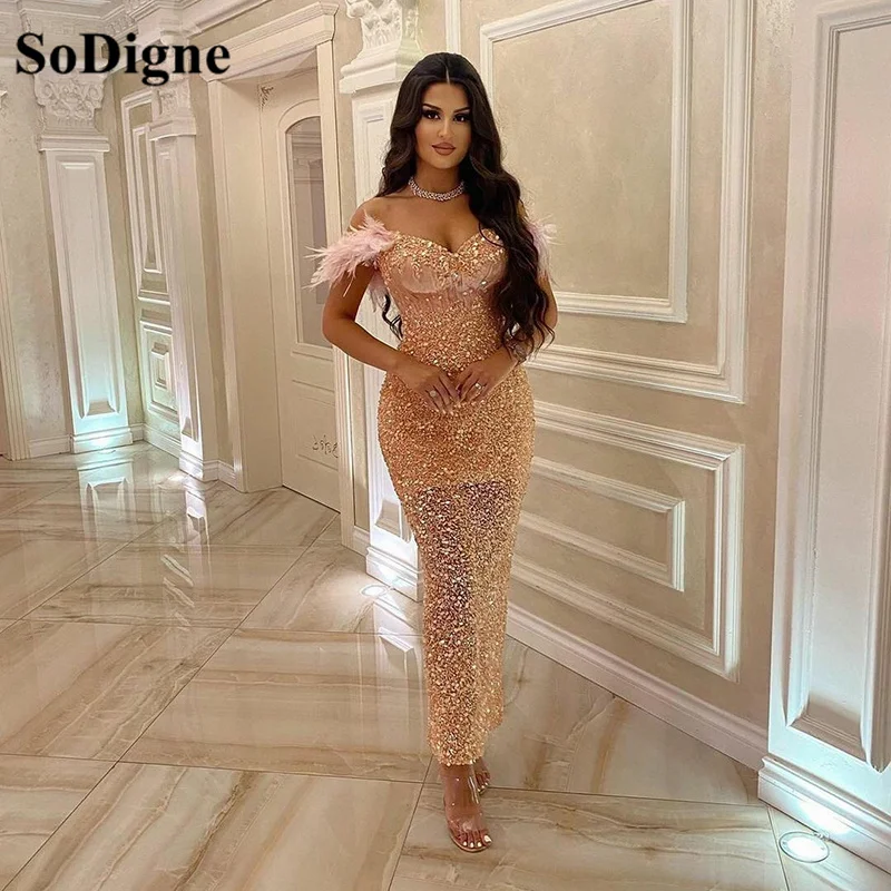 SoDigne Sparkly Sleeveless Mermaid Evening Dress Feather Sweetheart Formal Party Gowns Prom Dresses Vestidos de festa