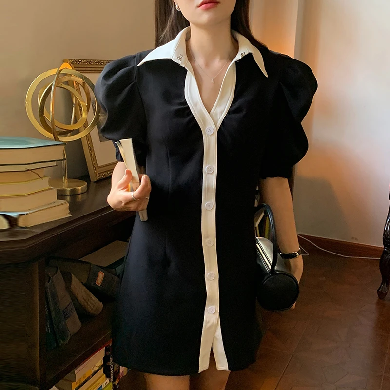 

KUSAHIKI Elegant Hit Color Single Breasted Women Dress Puff Sleeve Turn-down Collar Dresses Korean Slim Vestido De Mujer 6H115