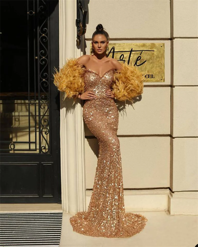 

Feather Gold Mermaid Prom Dresses Off Shoulder Strapless Sequins Evening Dress Custom Made Floor Length Party Gown