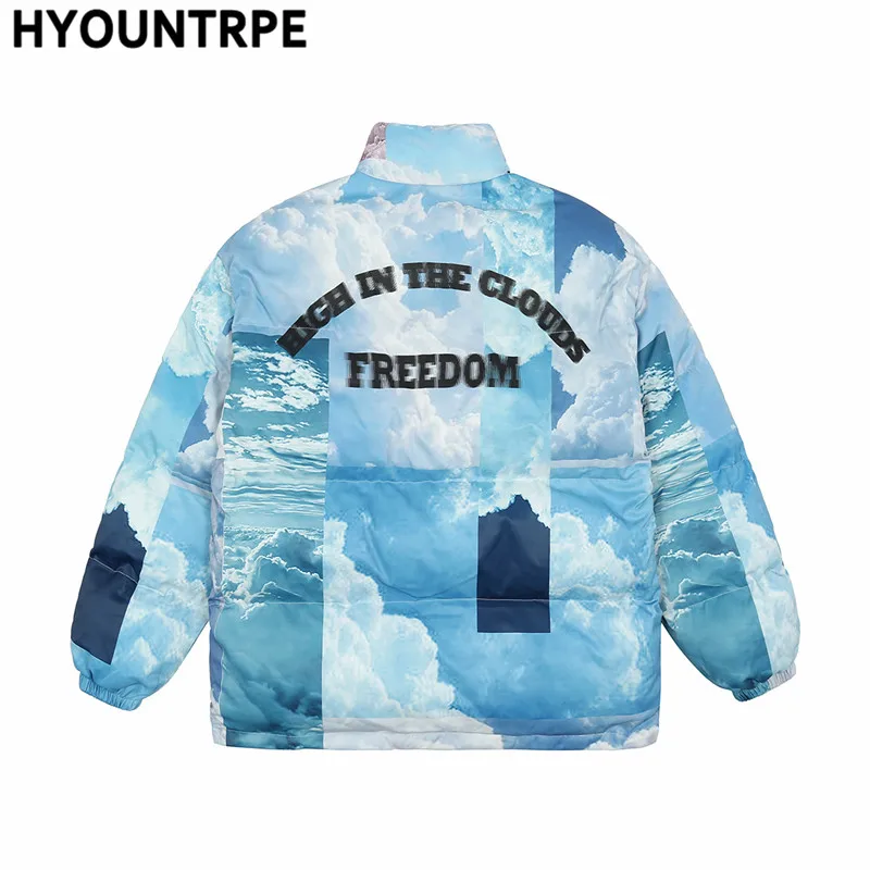 Fashion Harajuku Sky Clouds Jackets and Coats Mens Casual Bomber Cotton Padded New Winter Parkas Warm Zipper Outerwear Hipster