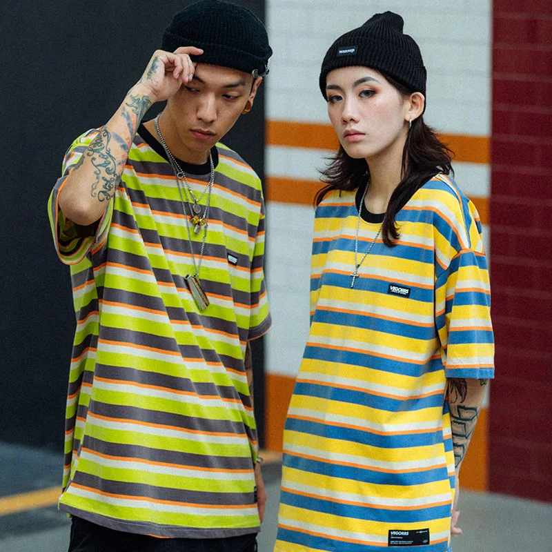 Hip Hop T Shirt Men 2020 Streetwear Harajuku Stripe Tshirt Short Sleeve Cotton HipHop T-Shirt Loose Fashion Tops Tees Green Blue | Мужская