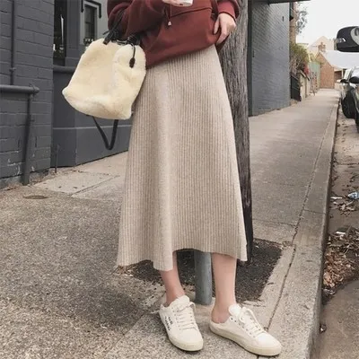 

2020 Autumn New Fashion Women Winter Skirts Loose Casual A-line High Waist Female Knitted Dress Elegant Solid Sweater Midi Skirt