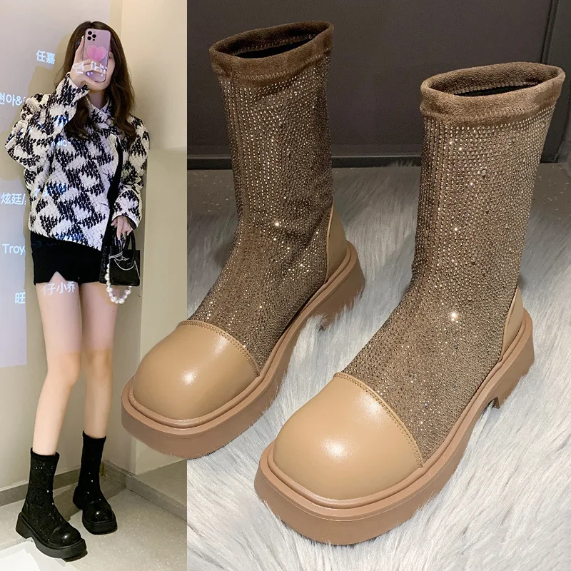 

Женские резиновые ботинки, зимняя обувь, Осенняя обувь, роскошные дизайнерские ботинки с круглым носком и кристаллами, женская обувь для до...