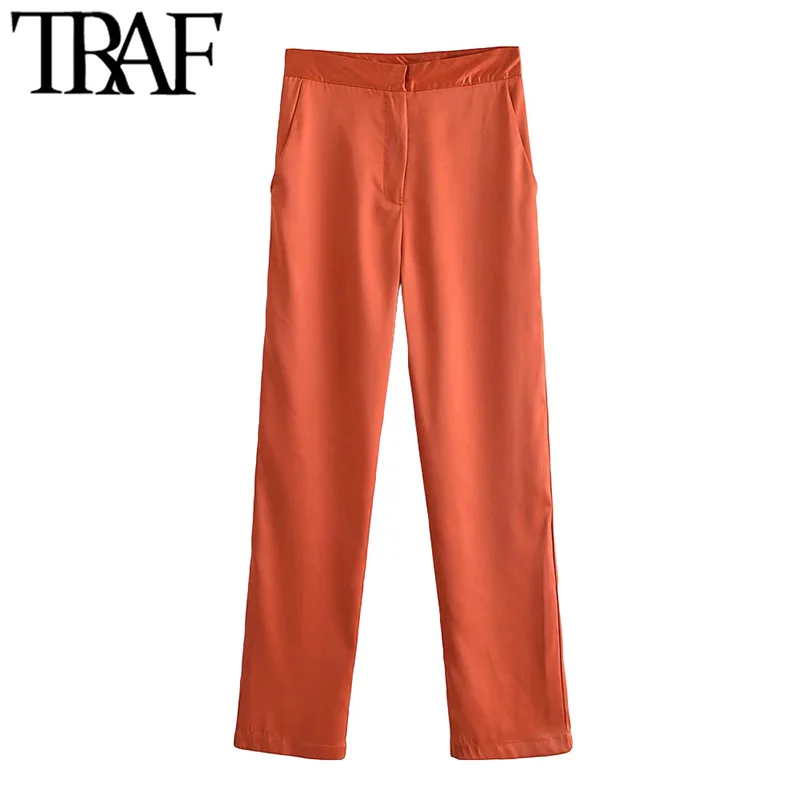 

TRAF Women Fashion Side Pocket Flowing Wide Leg Pants Vintage High Waist Zipper Fly Female Trousers Mujer