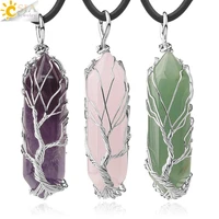 csja crystals necklace stone natural crystal pendant hexagonal silver color life tree wire wrap women men quartz jewelry g551