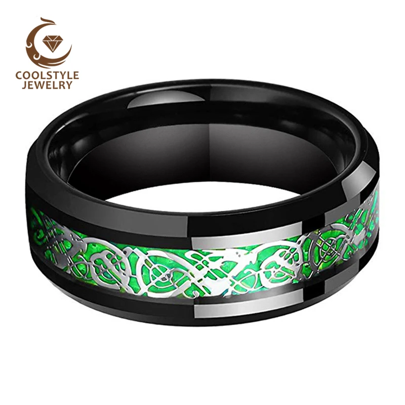 Мужское обручальное кольцо из черного вольфрама мужское с светло-зеленой