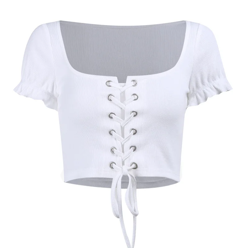 

Summer Self-Cultivation Cropped Multicolor U-Neck Corns Tie Cardigan Short-Sleeved Light Mature Style Blouse Women