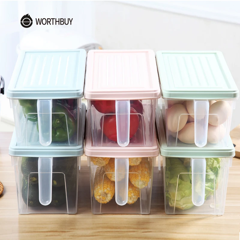 

WORTHBUY Refrigerator Organizer BPA Free Plastic Kitchen Storage Container With Lid Handle Fruit Vegetable Food Storage Box