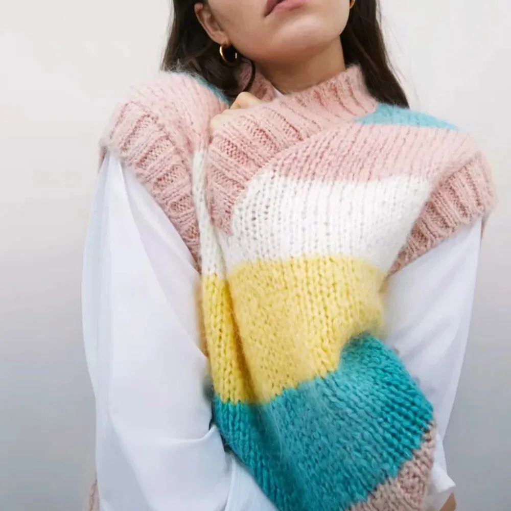 

Spring Autumn Korean Latest Striped Knit Vests 2020 Kawaii Sweet Sweater Slim Pullovers Yellow Pink Patchwork V Neck Tank Tops