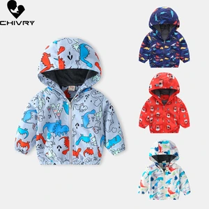 New 2021 Autumn Baby Boys Coat Jackets Kids Fashion Outerwear Hooded Cute Cartoon Dinosaur Print Zipper Windbreaker Jacket