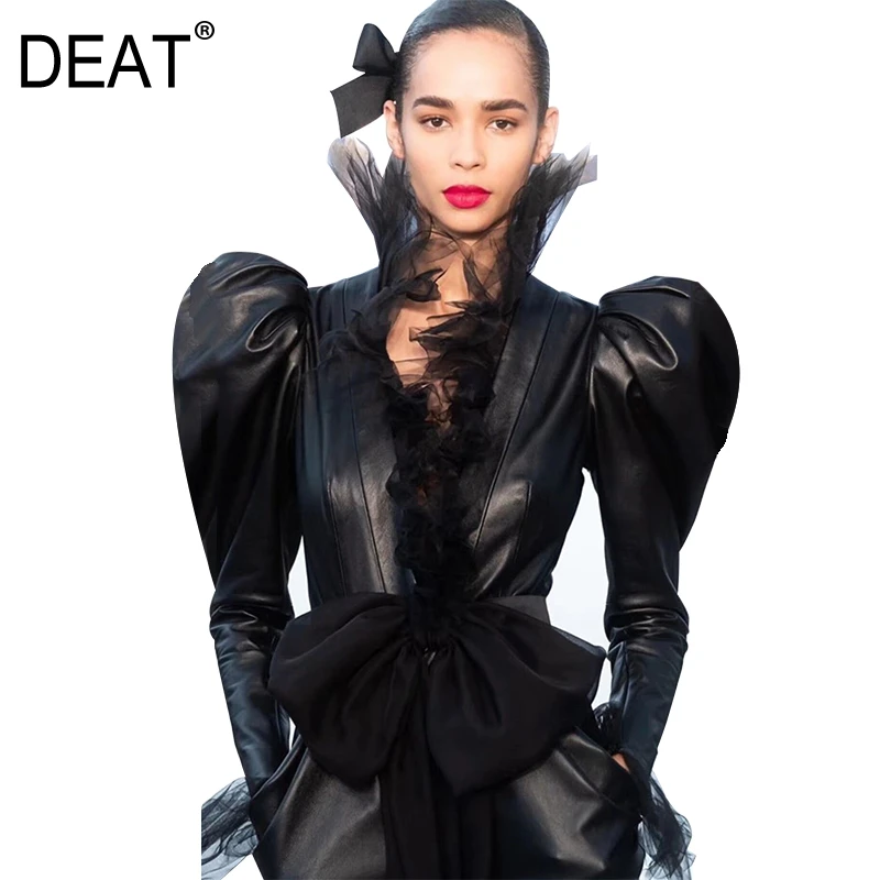 DEAT New Autumn And Winter V-neck Flare Sleeves Ruffles Mesh Organza PU Leather High Waist Short Jacket 19F-a117-01