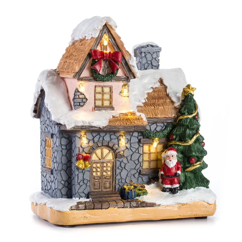 

Christmas Decoration Village Collection Figurine Building Christmas House with Santa Claus LED Lighting Home Fireplace Ornament