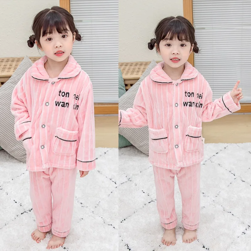 

TY-Children's Set Two Piece Pajamas Long Sleeved Trousers Boys Girls Flannel Cartoon Lace Autumn And Winter
