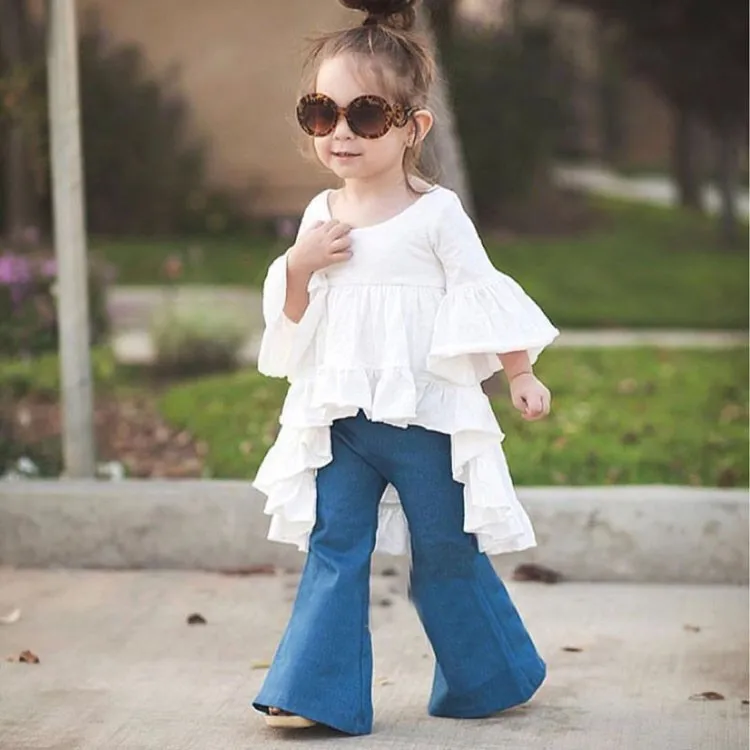 

2020 toddler Baby Girls Solid Blouses Long Flare Sleeve solid White Tops Ruffled Cotton Outfits Clothes 1-9Y