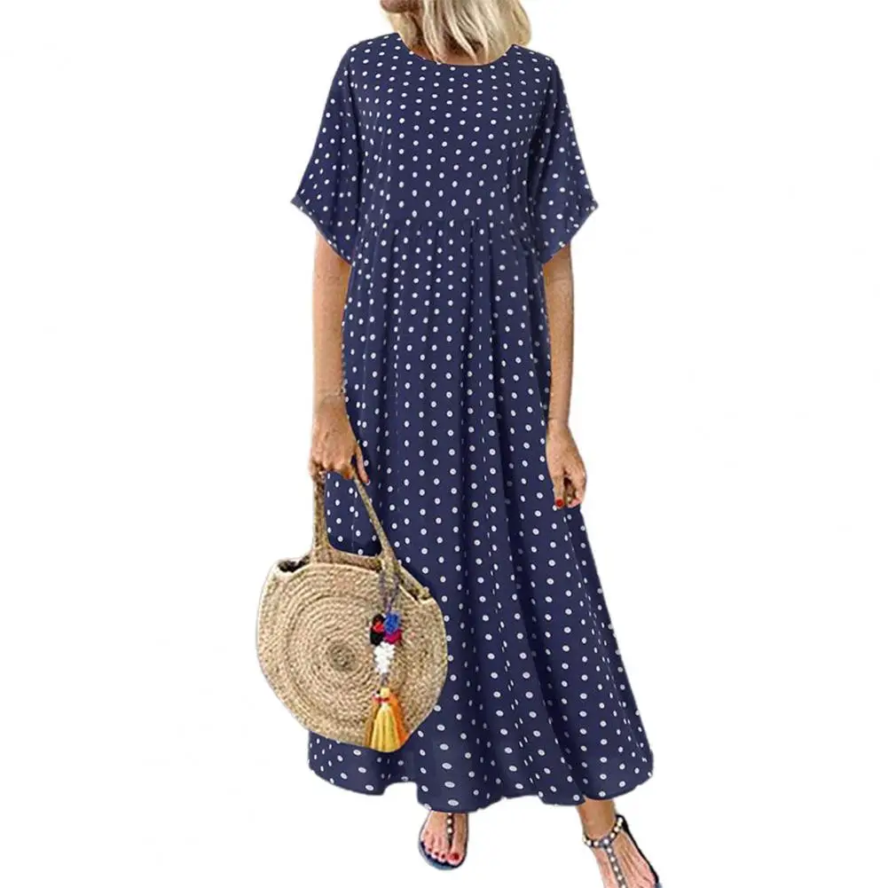 2021 Maxi Dress  Fashion Dot Print Boho Style Women Long Short Sleeve Skirt for Beach One piece Long Dresses for Daily Life