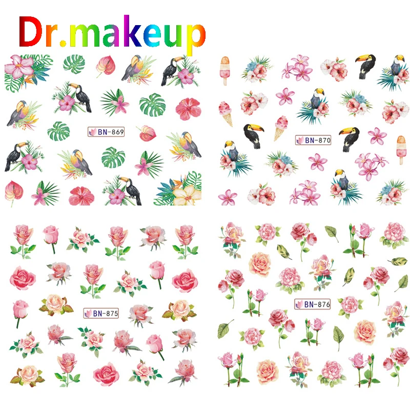 Dr.makeup 12pcs 3D Summer Water Transfer Nail Stickers DIY Flamingo Flower Pink Adhesive Sliders Manicure Art Decals | Красота и