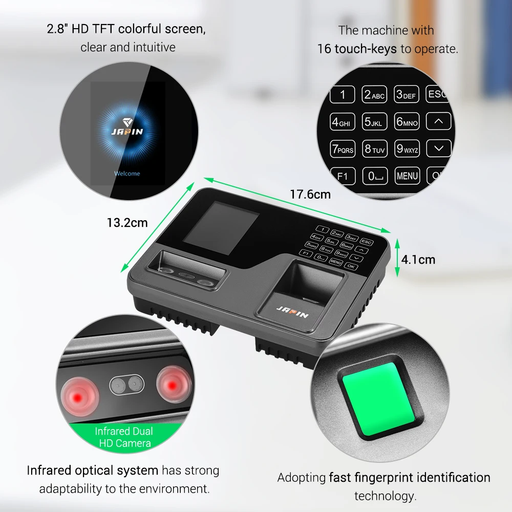 Attendace Machine Face Fingerprint Password Recognition Employee Checking-in Time Clock Recorder with 2.8'' TFT Screen Touch-Key
